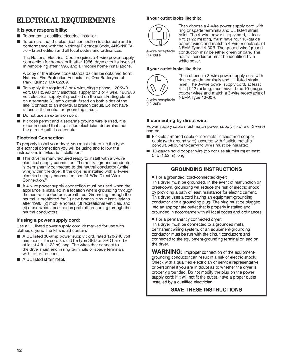 Maytag W10557650B Electrical Requirements, It is your responsibility, Electrical Connection, If connecting by direct wire 