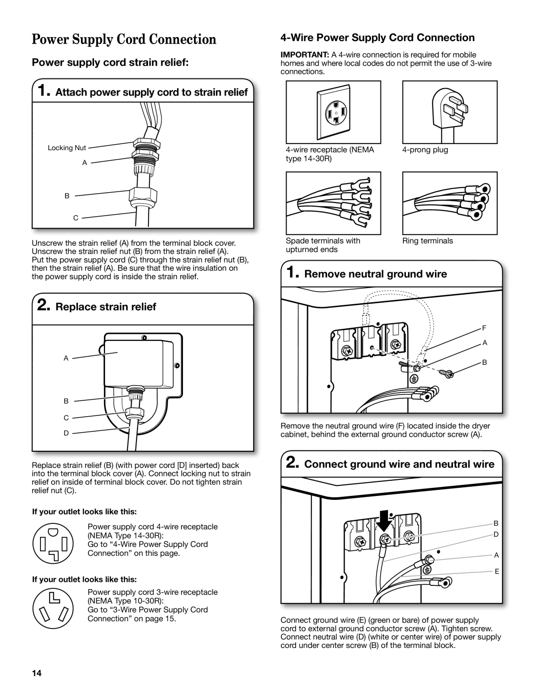 Maytag W10557650B manual Power Supply Cord Connection, Replace strain relief, Remove neutral ground wire 