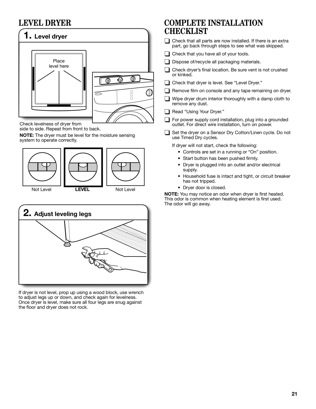 Maytag W10557650B manual Level Dryer, Level dryer, Adjust leveling legs 