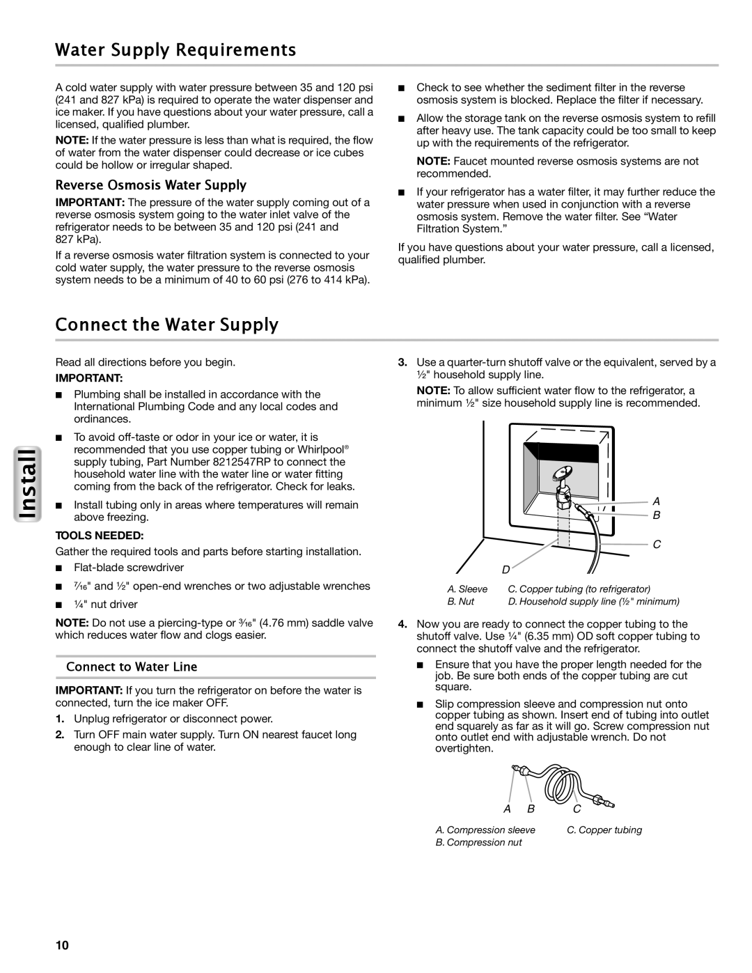 Maytag W10558103A Water Supply Requirements, Connect the Water Supply, Reverse Osmosis Water Supply, Connect to Water Line 