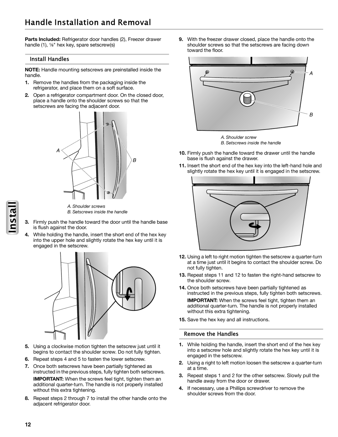 Maytag W10558103A manual Handle Installation and Removal, Install Handles, Remove the Handles 