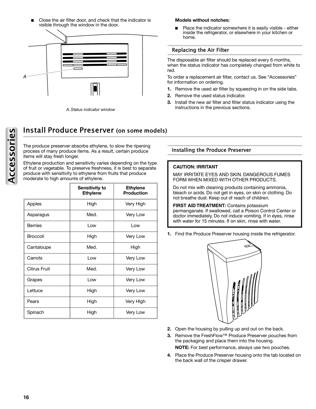 Maytag W10558103A Install Produce Preserver on some models, Replacing the Air Filter, Installing the Produce Preserver 