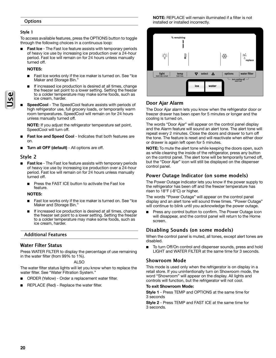 Maytag W10558103A manual Water Filter Status, Door Ajar Alarm, Disabling Sounds on some models, Showroom Mode 