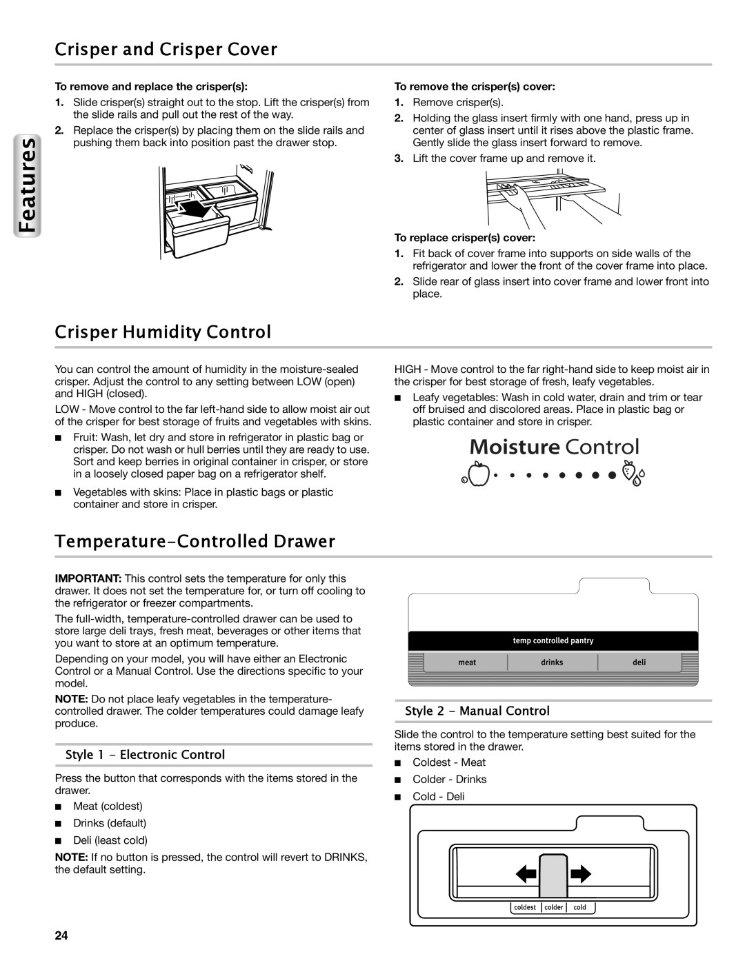 Maytag W10558103A manual Crisper and Crisper Cover, Crisper Humidity Control, Temperature-Controlled Drawer 