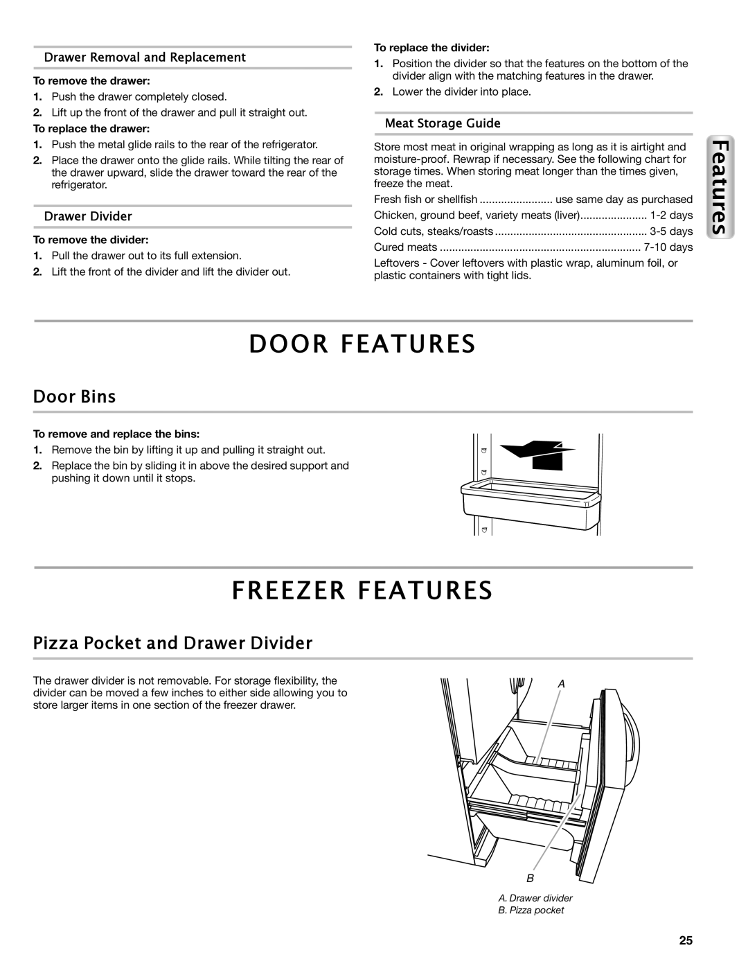 Maytag W10558103A manual Door Features, Freezer Features, Door Bins, Pizza Pocket and Drawer Divider 