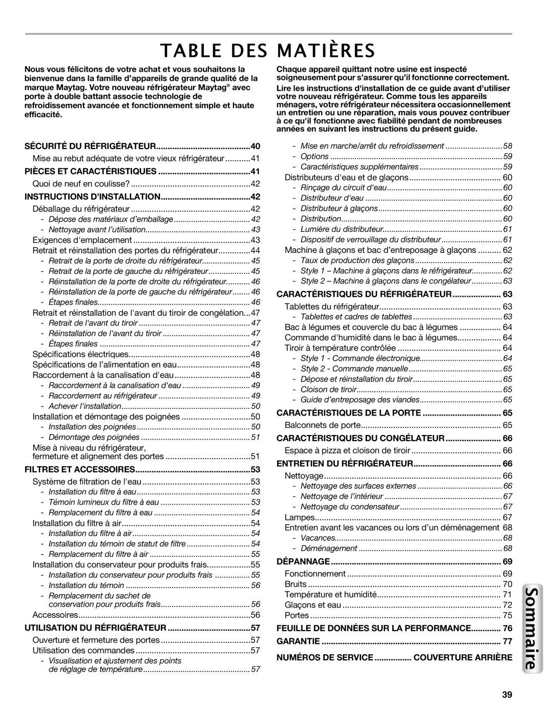 Maytag W10558103A manual Table DES Matières 