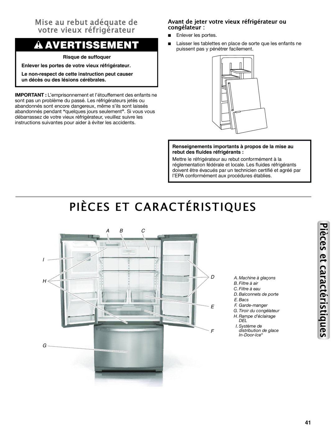 Maytag W10558103A manual Pièces ET Caractéristiques, Avant de jeter votre vieux réfrigérateur ou congélateur 