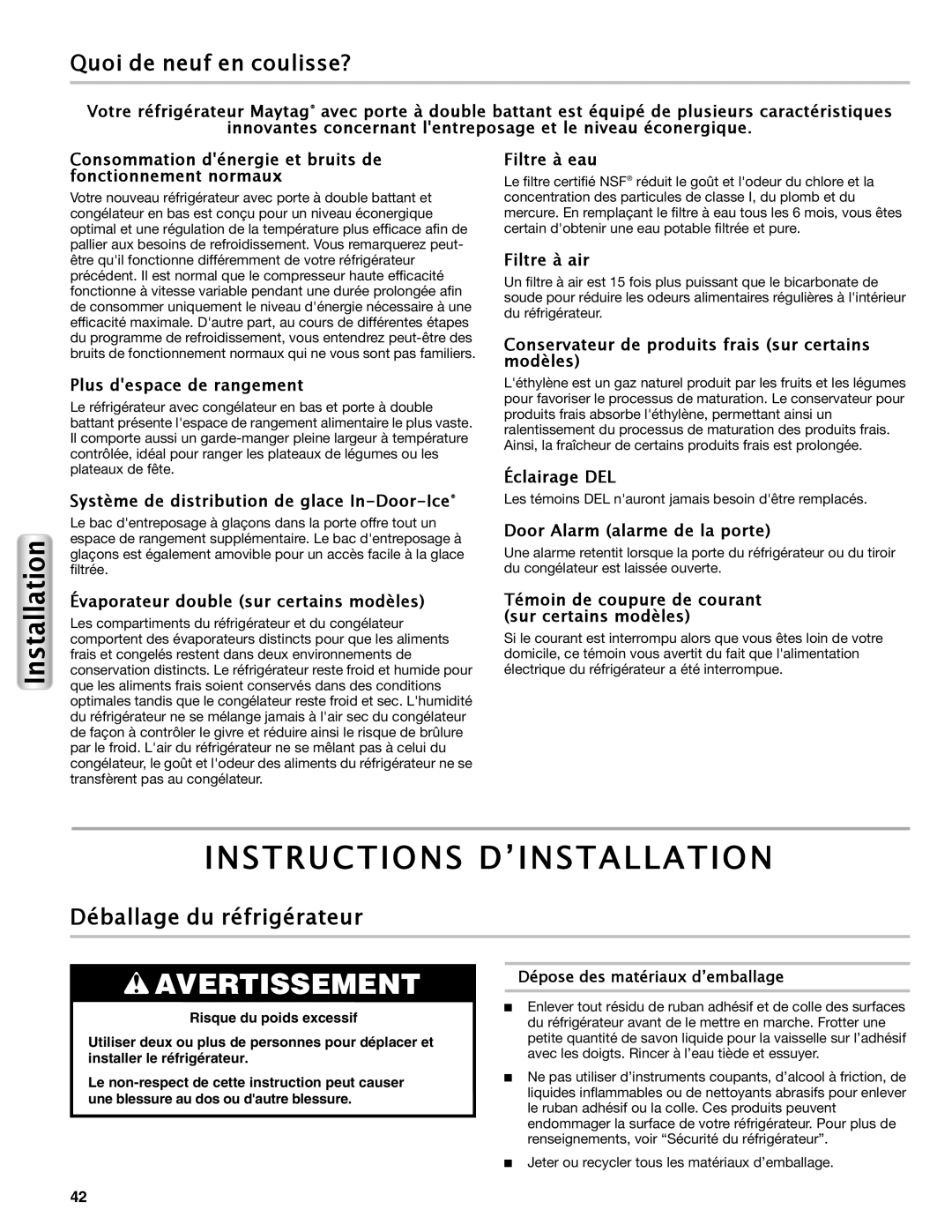 Maytag W10558103A manual Instructions D’INSTALLATION, Quoi de neuf en coulisse?, Déballage du réfrigérateur 