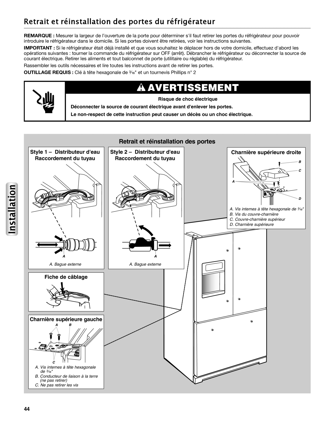 Maytag W10558103A manual Installation, Retrait et réinstallation des portes du réfrigérateur 