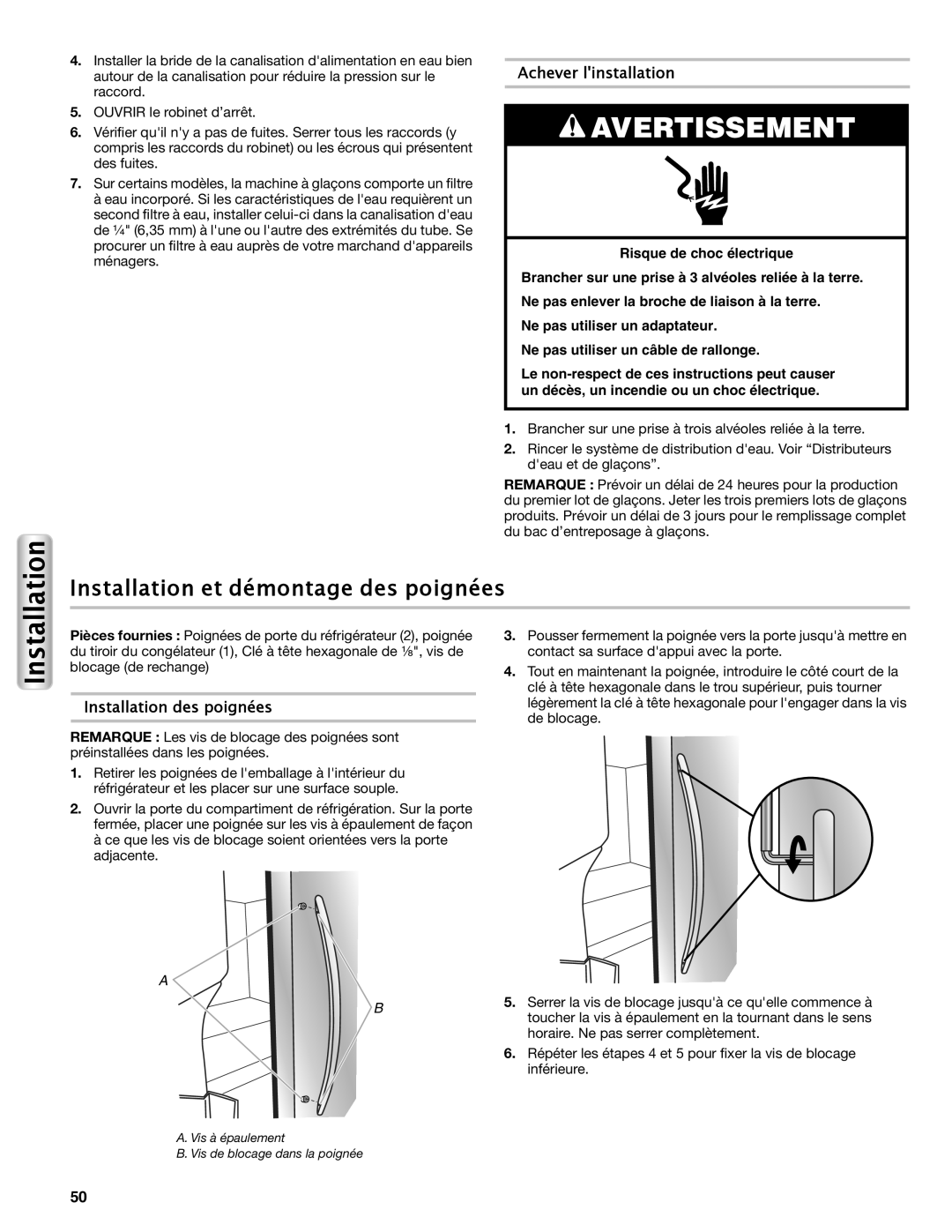 Maytag W10558103A manual Installation et démontage des poignées, Achever linstallation, Installation des poignées 