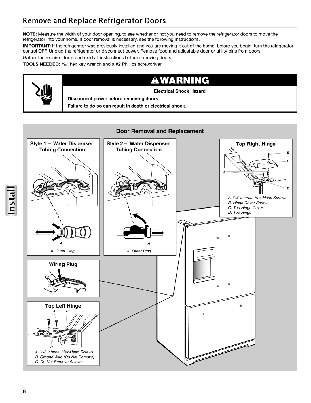 Maytag W10558103A manual Install, Remove and Replace Refrigerator Doors 