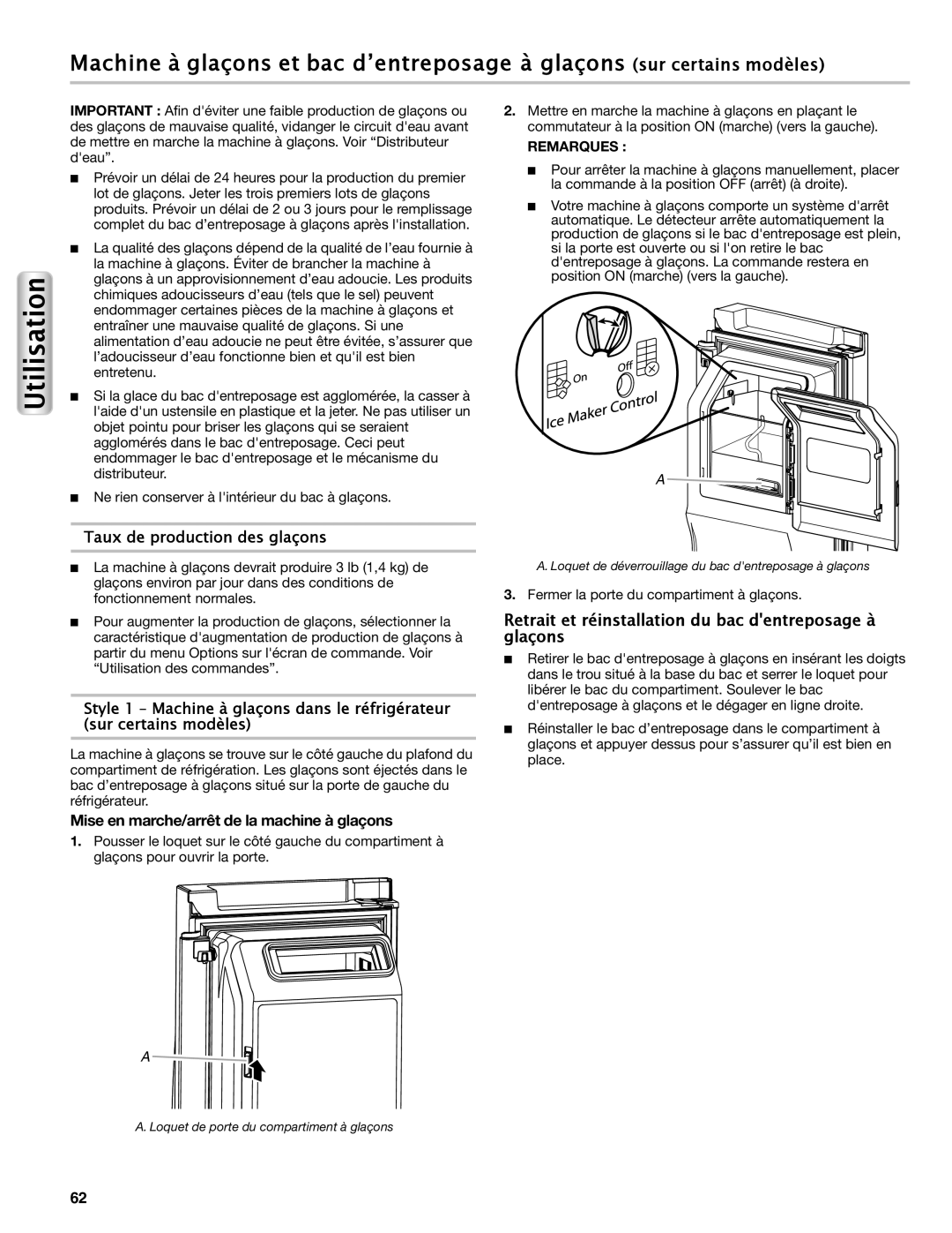 Maytag W10558103A manual Retrait et réinstallation du bac dentreposage à glaçons, Taux de production des glaçons 