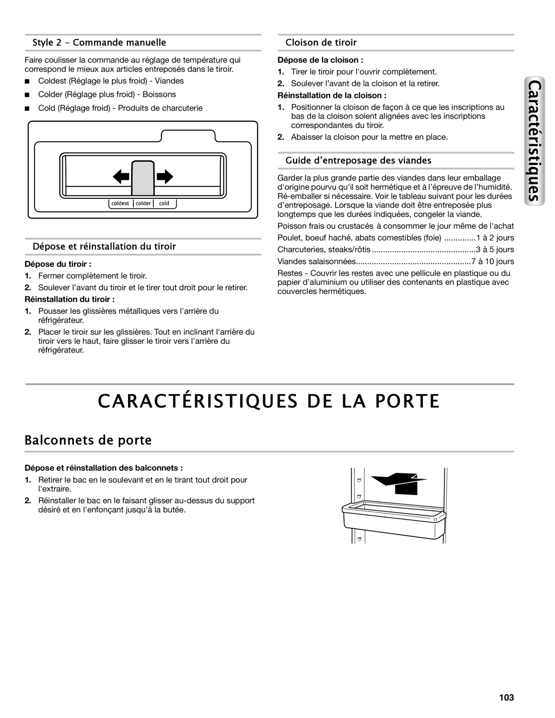 Maytag W10558104A manual Caractéristiques De La Porte, Balconnets de porte, Style 2 - Commande manuelle, Cloison de tiroir 