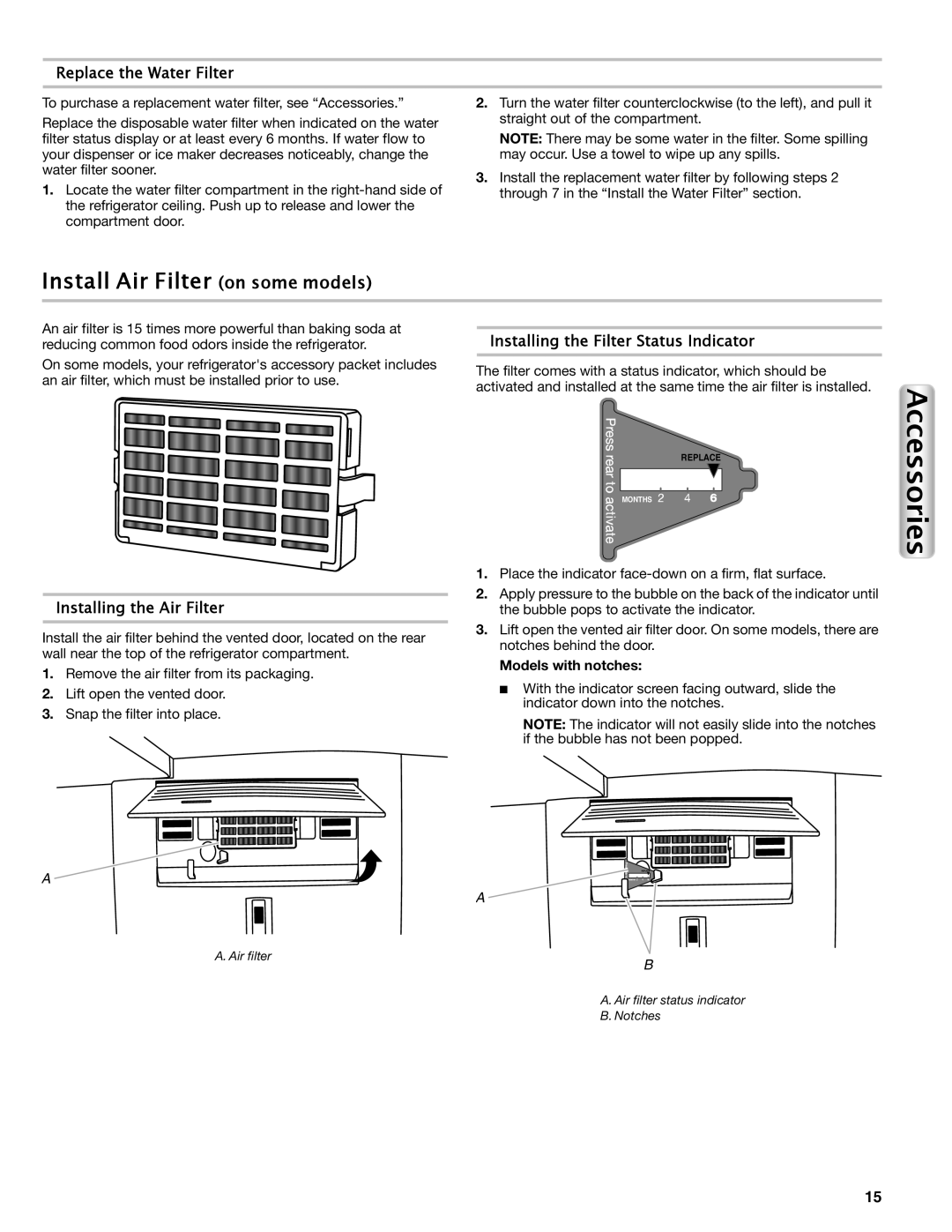 Maytag W10558104A Install Air Filter on some models, Replace the Water Filter, Installing the Air Filter, Accessories 