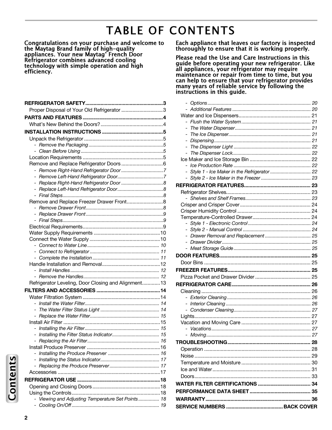 Maytag W10558104A Table Of Contents, Refrigerator Safety, Parts And Features, Installation Instructions, Refrigerator Use 