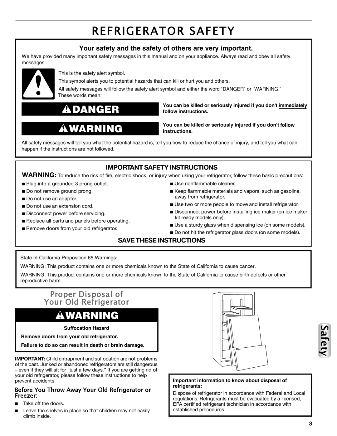 Maytag W10558104A Refrigerator Safety, Danger, Proper Disposal of Your Old Refrigerator, Important Safety Instructions 
