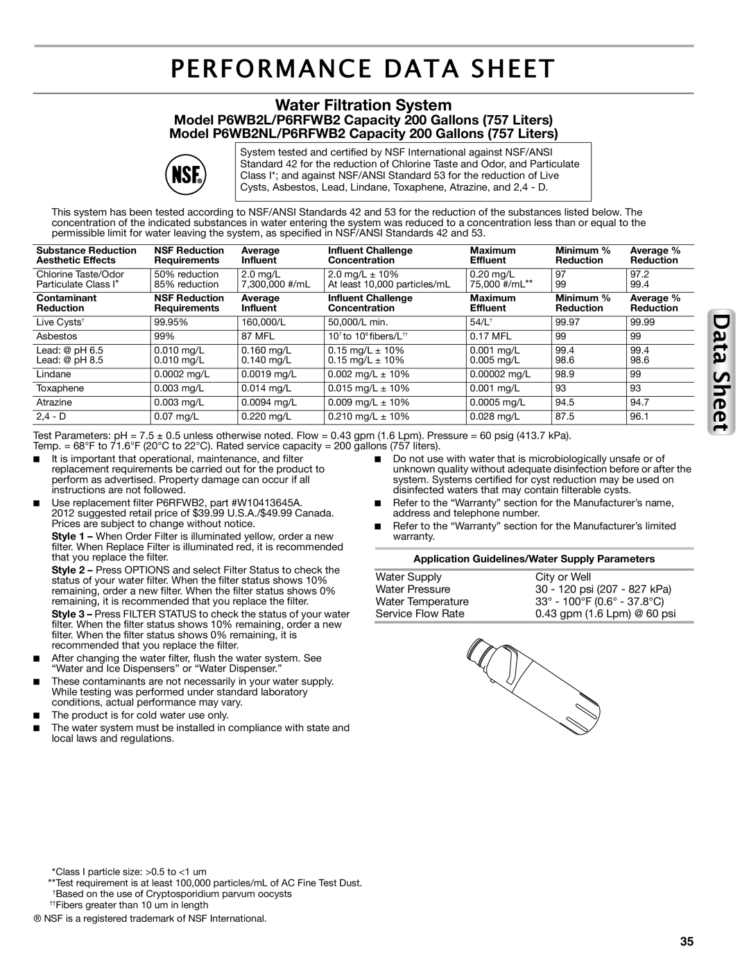 Maytag W10558104A Performance Data Sheet, Water Filtration System, Model P6WB2L/P6RFWB2 Capacity 200 Gallons 757 Liters 