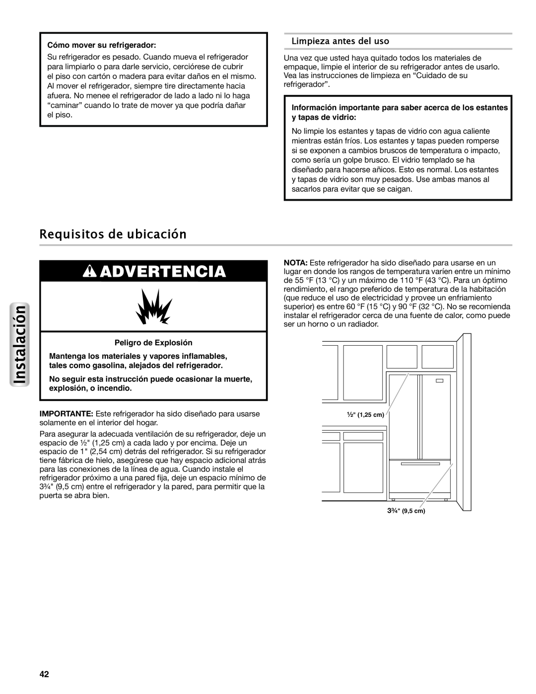 Maytag W10558104A manual Requisitos de ubicación, Limpieza antes del uso, Cómo mover su refrigerador, Peligro de Explosión 