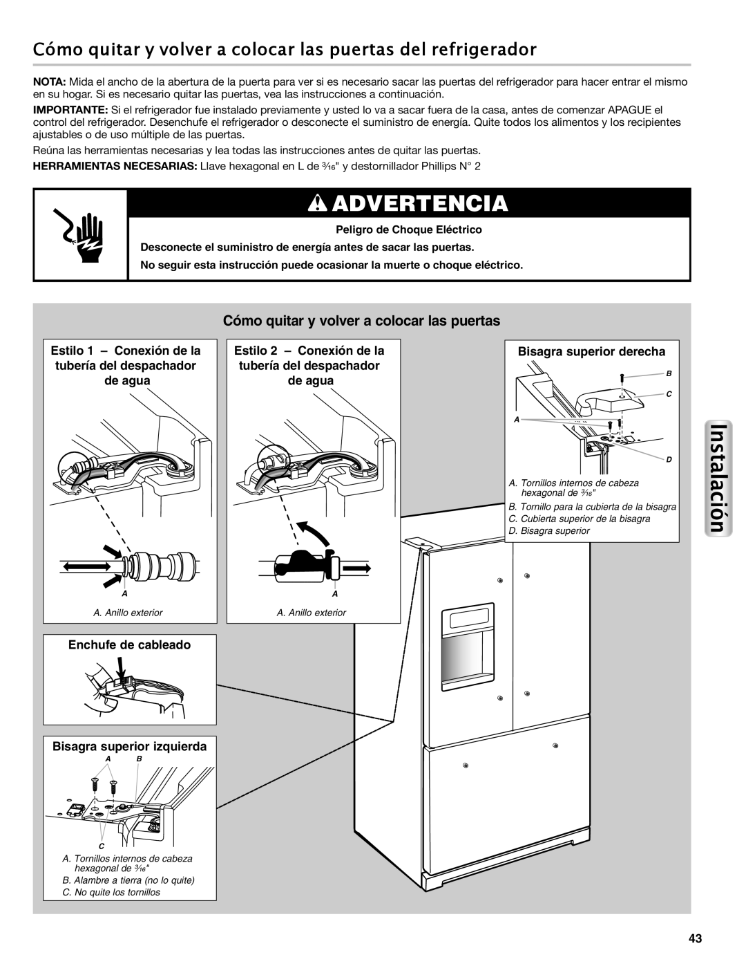 Maytag W10558104A manual Cómo quitar y volver a colocar las puertas del refrigerador, Estilo 1 - Conexión de la, de agua 