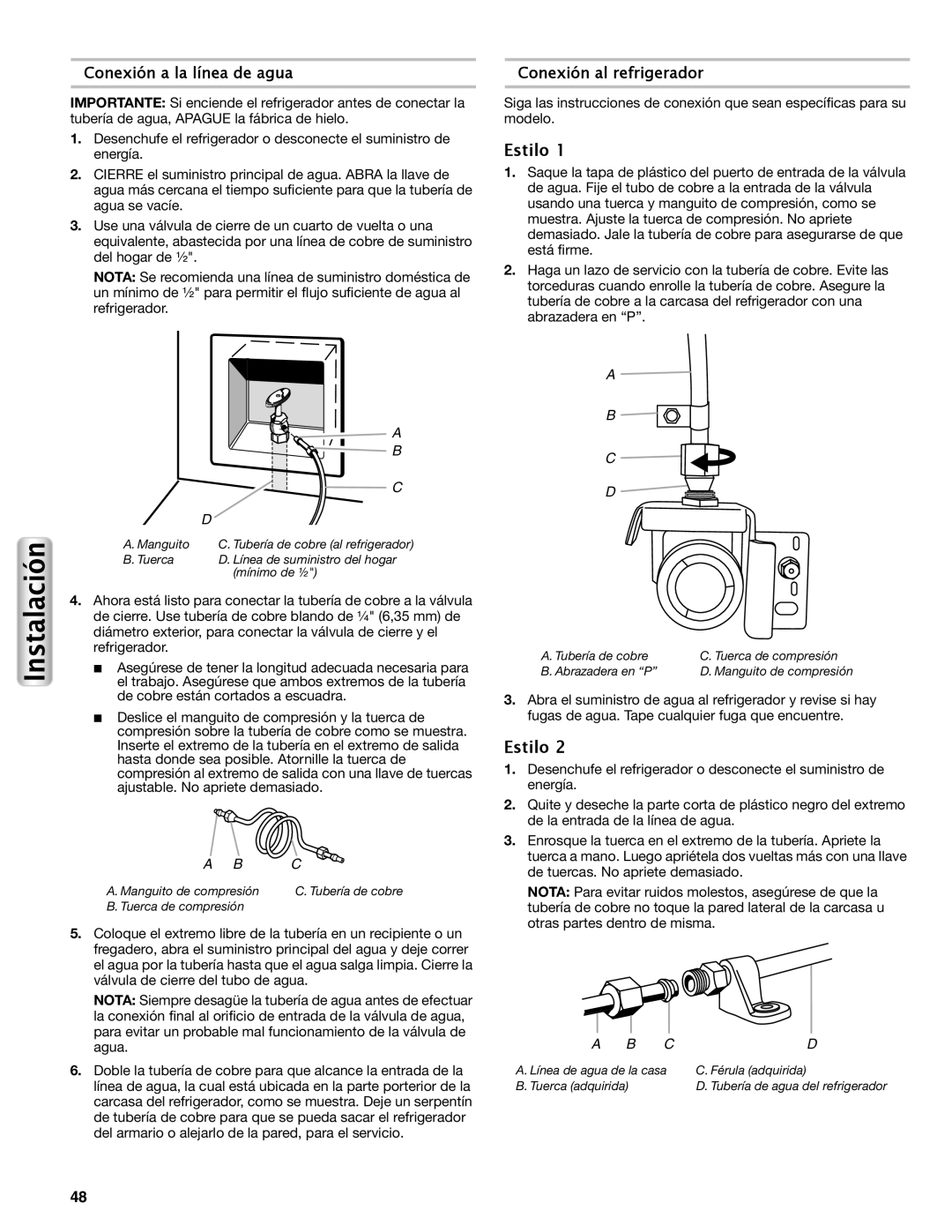 Maytag W10558104A manual Estilo, Conexión a la línea de agua, Conexión al refrigerador, A B C D 
