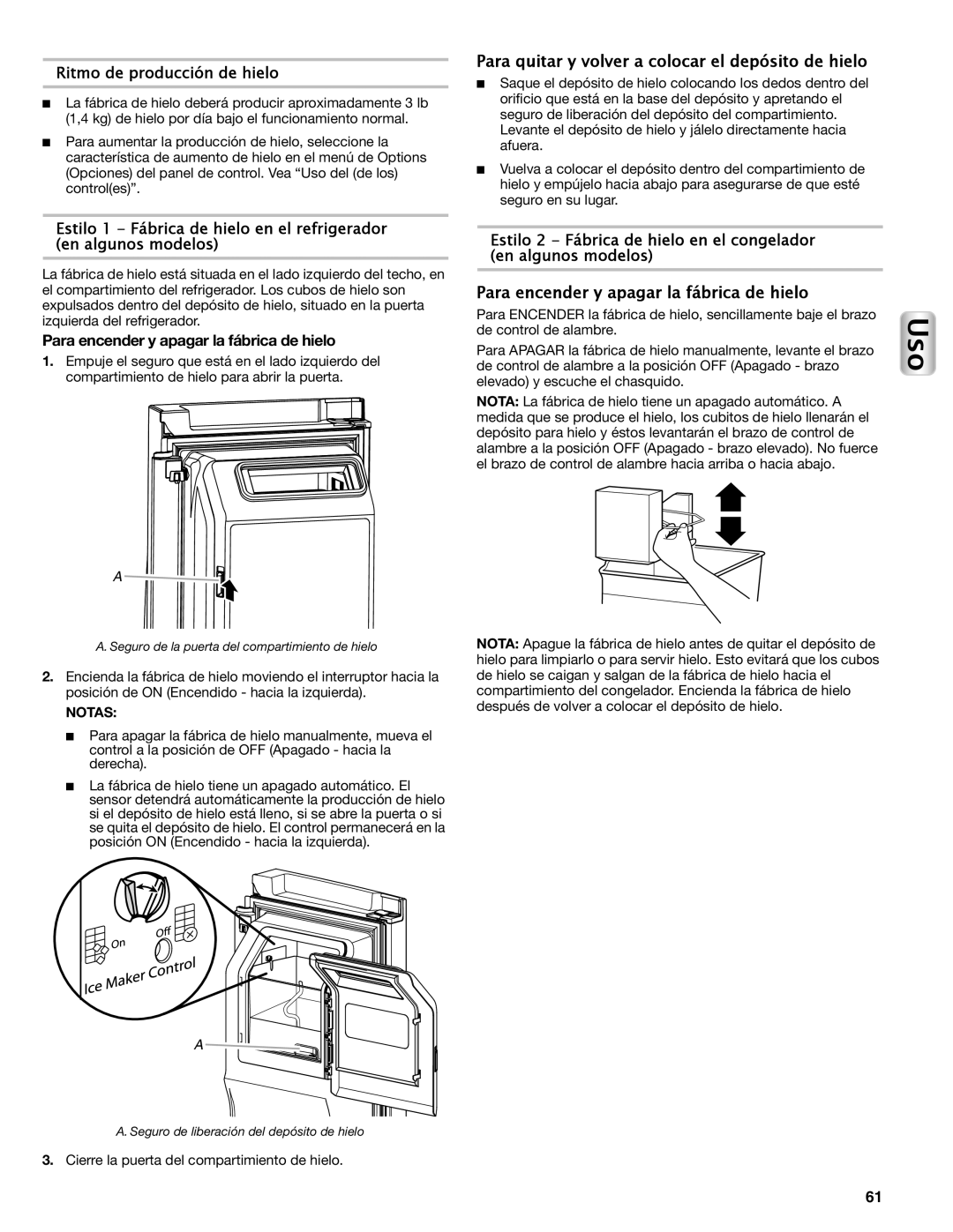 Maytag W10558104A manual Para encender y apagar la fábrica de hielo, Ritmo de producción de hielo, Notas 
