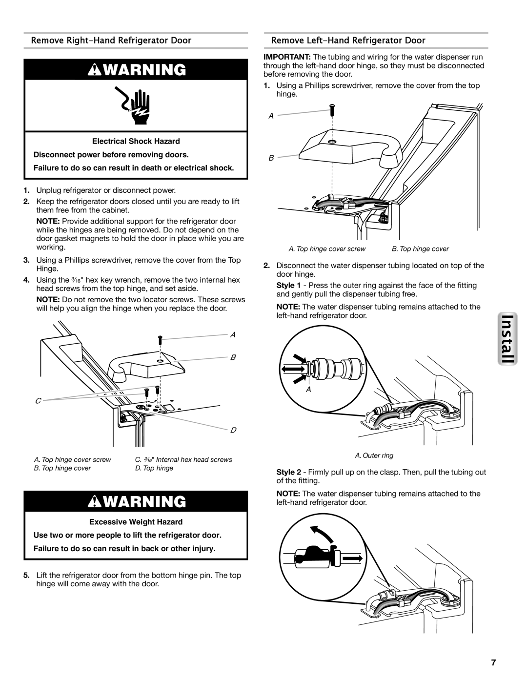 Maytag W10558104A manual Remove Right-Hand Refrigerator Door, Remove Left-Hand Refrigerator Door, A B C D, Install 