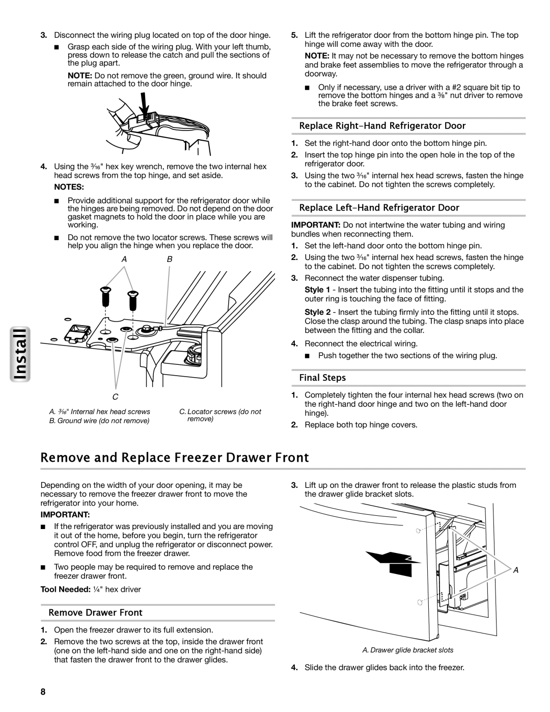 Maytag W10558104A manual Remove and Replace Freezer Drawer Front, Replace Right-Hand Refrigerator Door, Final Steps, Ab C 