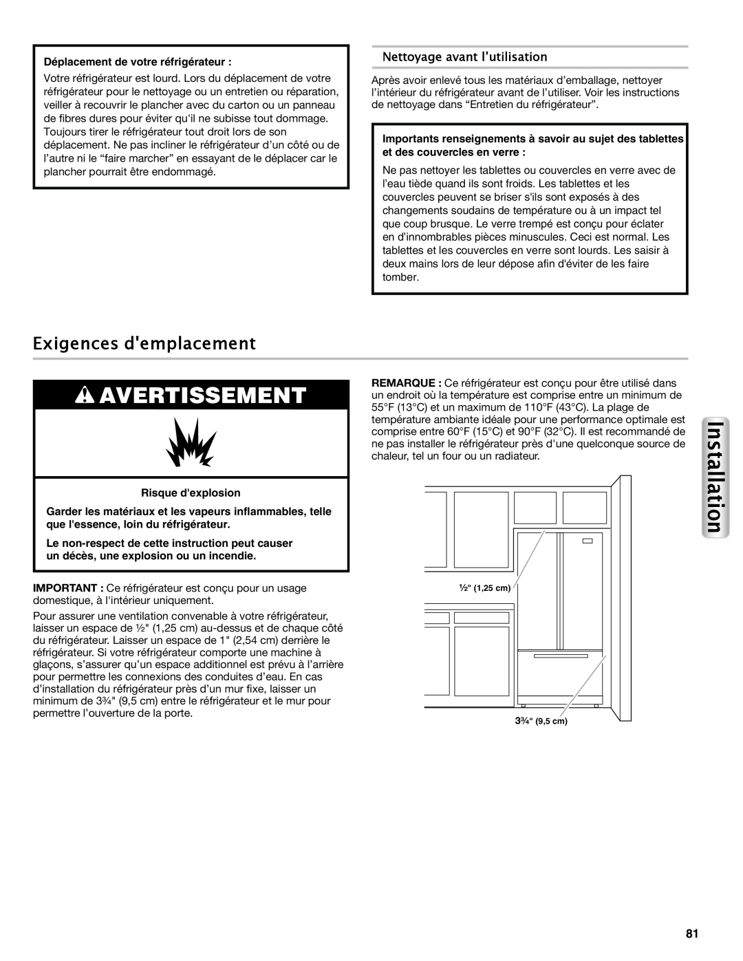 Maytag W10558104A Exigences demplacement, Nettoyage avant l’utilisation, Déplacement de votre réfrigérateur, Avertissement 