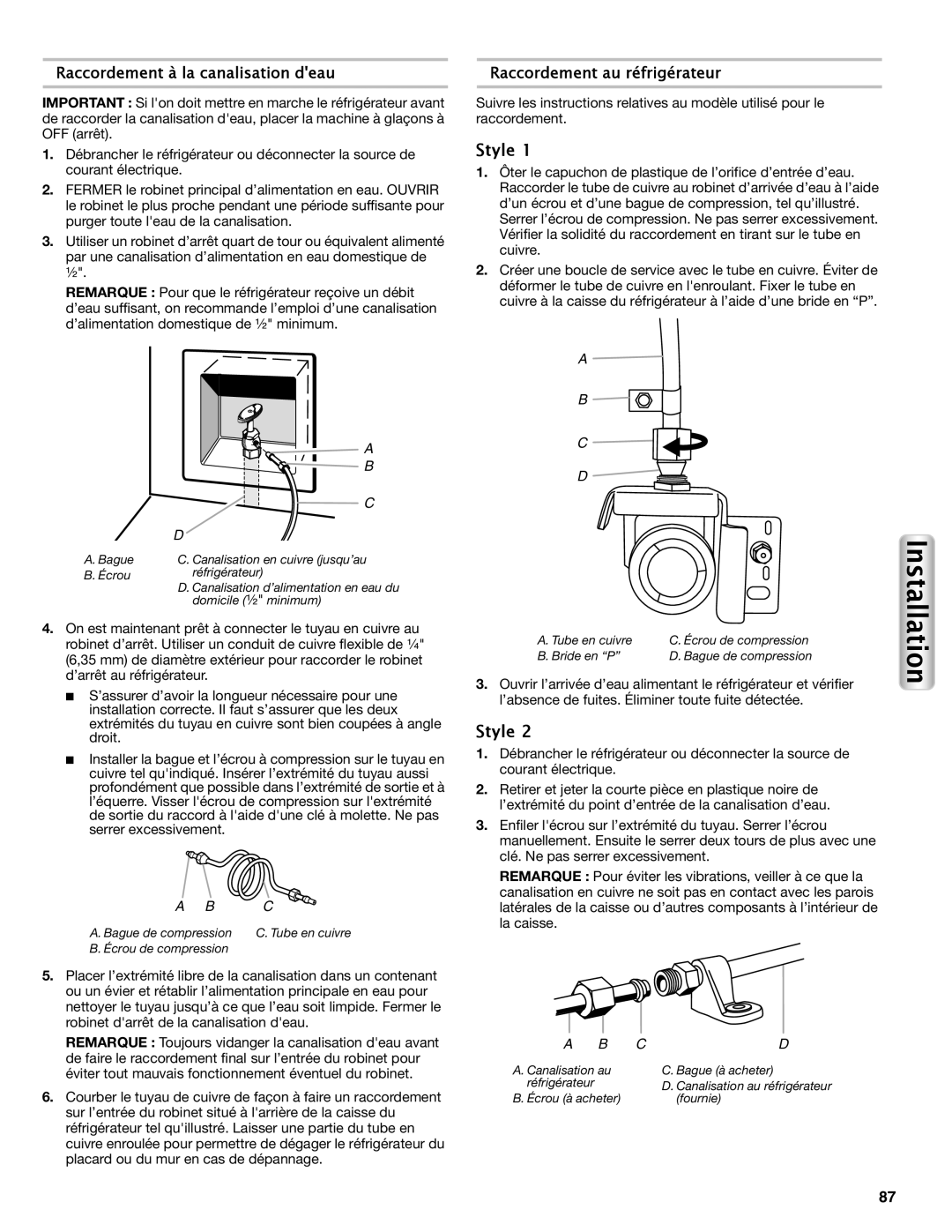 Maytag W10558104A manual Raccordement à la canalisation deau, Raccordement au réfrigérateur, Installation, Style, A B C D 