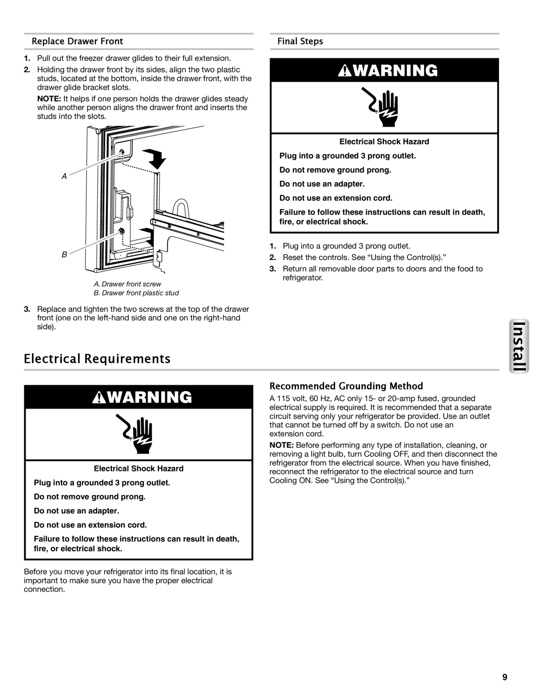 Maytag W10558104A manual Electrical Requirements, Recommended Grounding Method, Replace Drawer Front, Install, Final Steps 