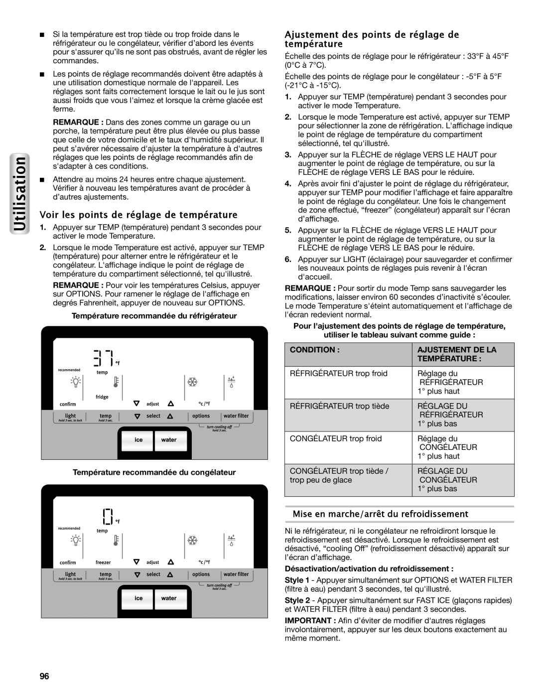 Maytag W10558104A Voir les points de réglage de température, Ajustement des points de réglage de température, Température 