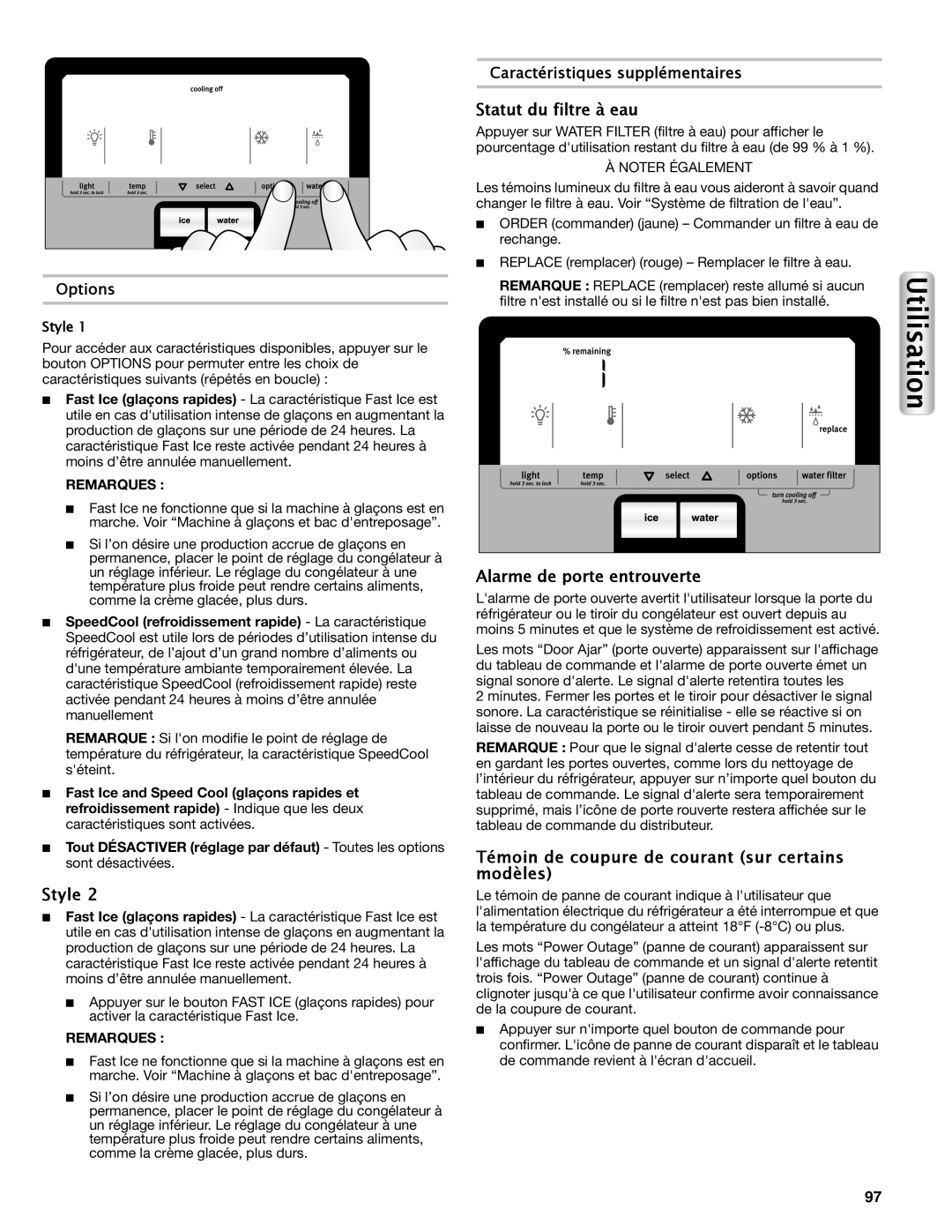 Maytag W10558104A Statut du filtre à eau, Alarme de porte entrouverte, Témoin de coupure de courant sur certains modèles 