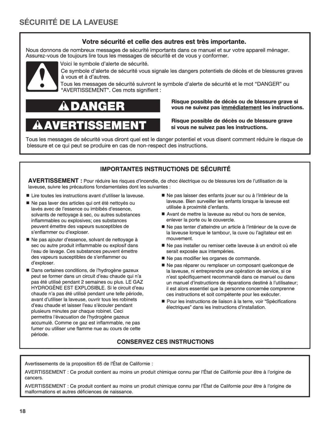 Maytag W10560156B, W10560155B warranty Sécurité DE LA Laveuse 