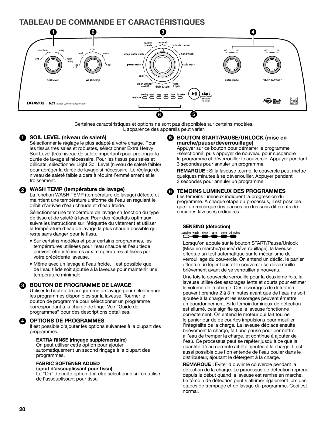 Maytag W10560156B Tableau DE Commande ET Caractéristiques, Soil Level niveau de saleté, Wash Temp température de lavage 