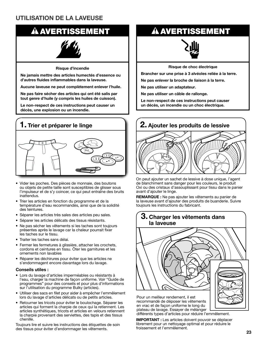 Maytag W10560155B Utilisation DE LA Laveuse, Trier et préparer le linge Ajouter les produits de lessive, Conseils utiles 