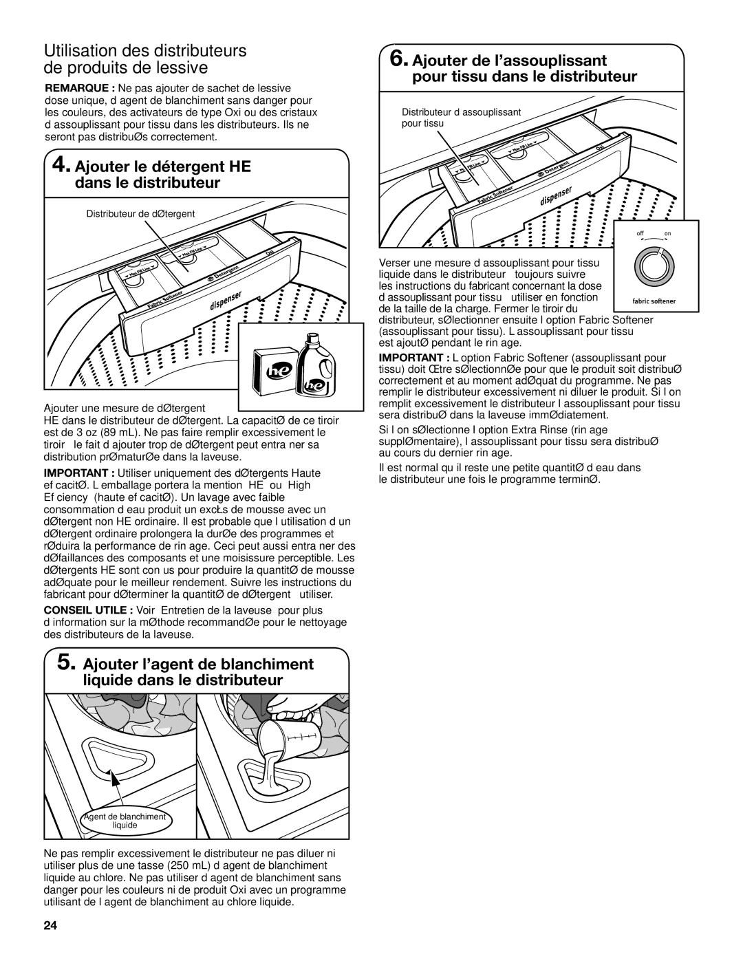 Maytag W10560156B Ajouter le détergent HE dans le distributeur, Ajouter de l’assouplissant pour tissu dans le distributeur 