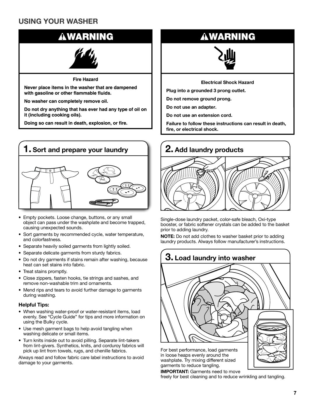 Maytag W10560155B warranty Using Your Washer, Sort and prepare your laundry Add laundry products, Load laundry into washer 