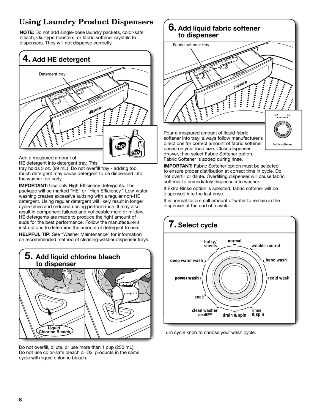 Maytag W10560156B Add HE detergent, Add liquid chlorine bleach to dispenser, Add liquid fabric softener to dispenser 