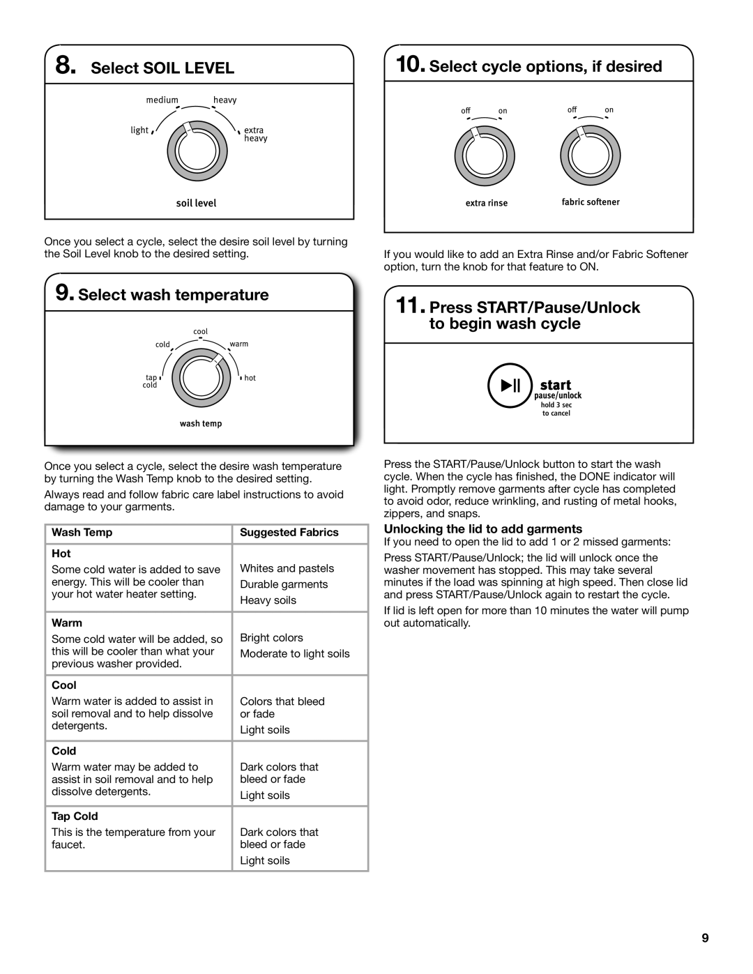 Maytag W10560155B, W10560156B warranty Select Soil Level Select cycle options, if desired, Select wash temperature 