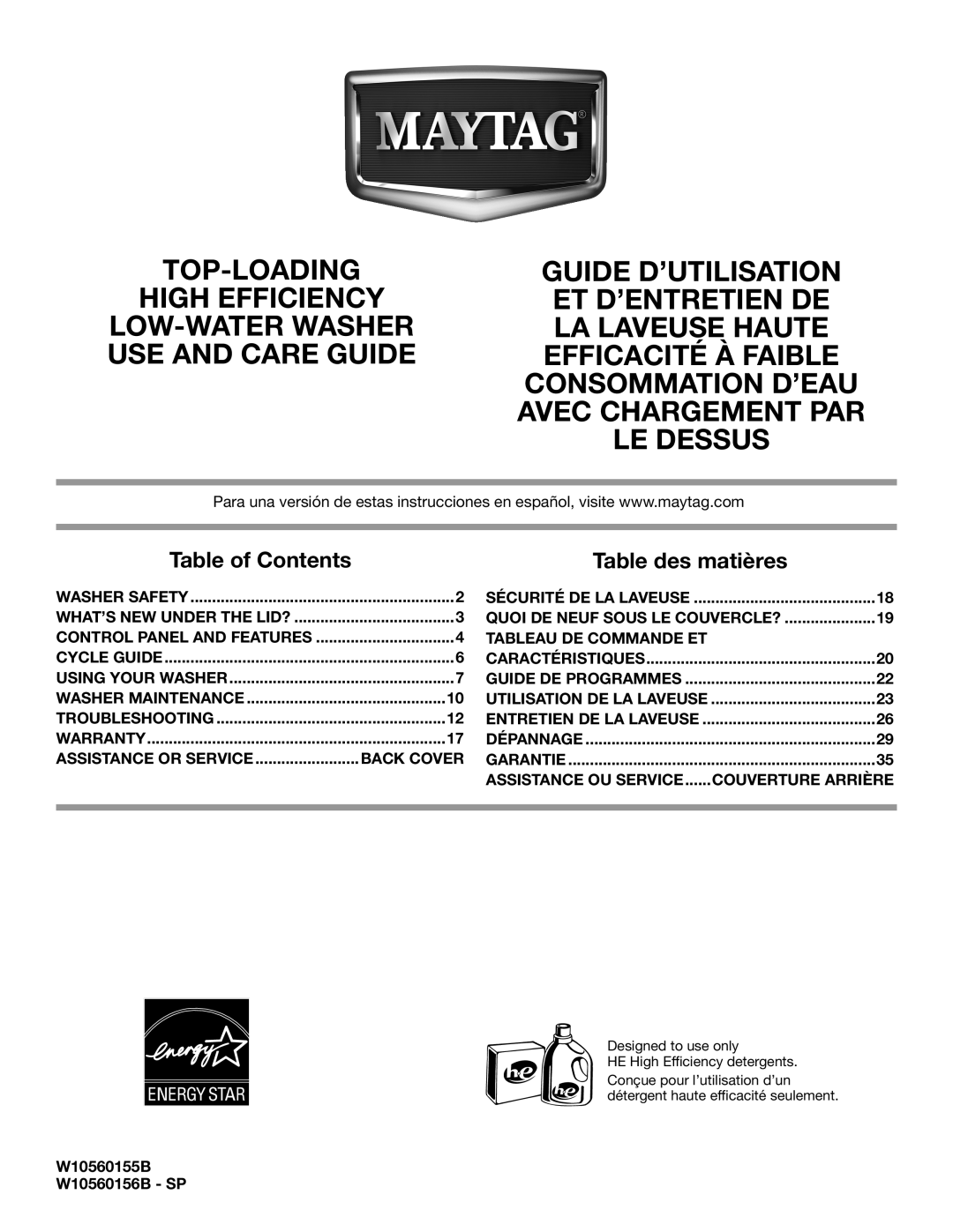 Maytag warranty Quoi De Neuf Sous Le Couvercle?, Tableau De Commande Et, Back Cover, W10560155B W10560156B - SP 