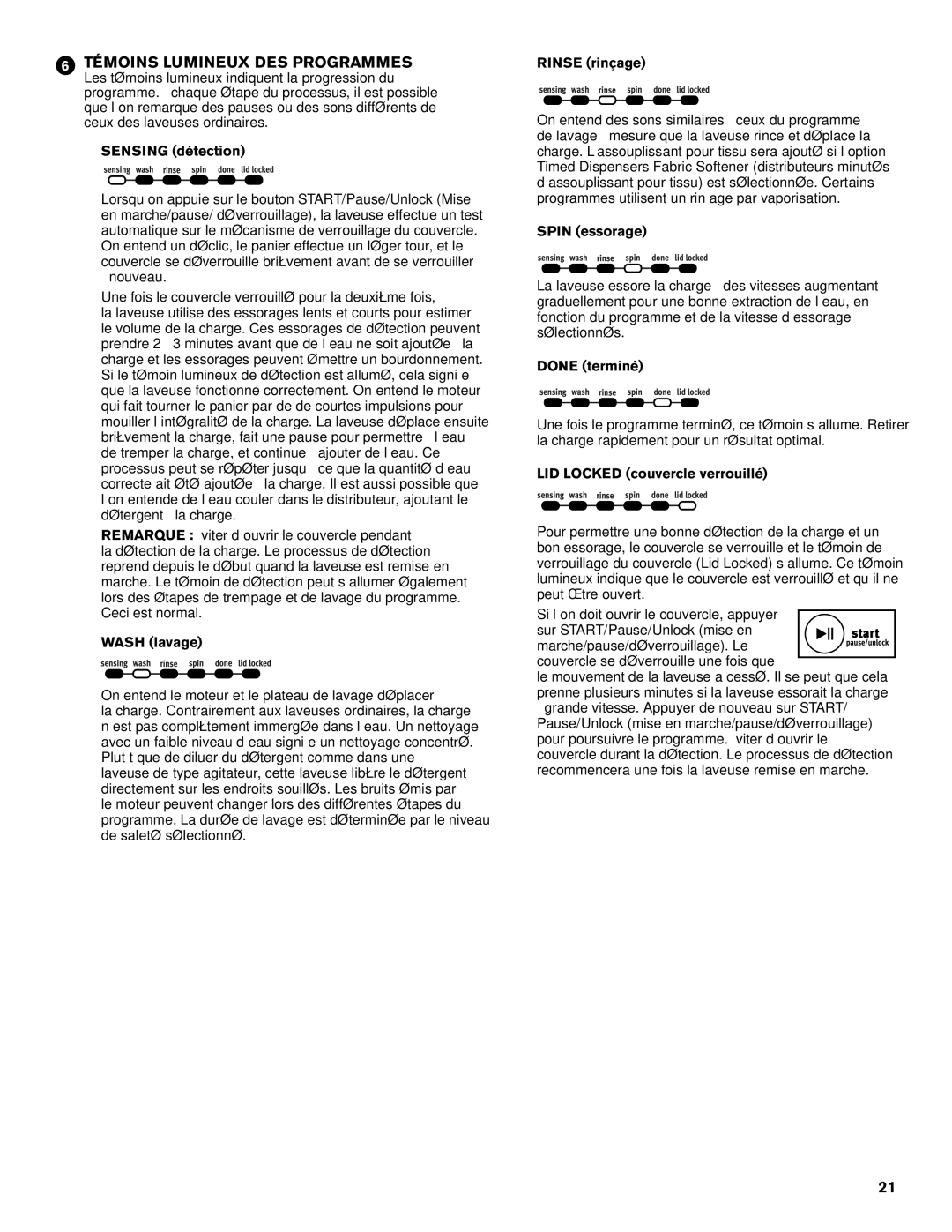 Maytag W10560158B - SP warranty Sensing détection, Wash lavage, Rinse rinçage, Spin essorage, Done terminé 