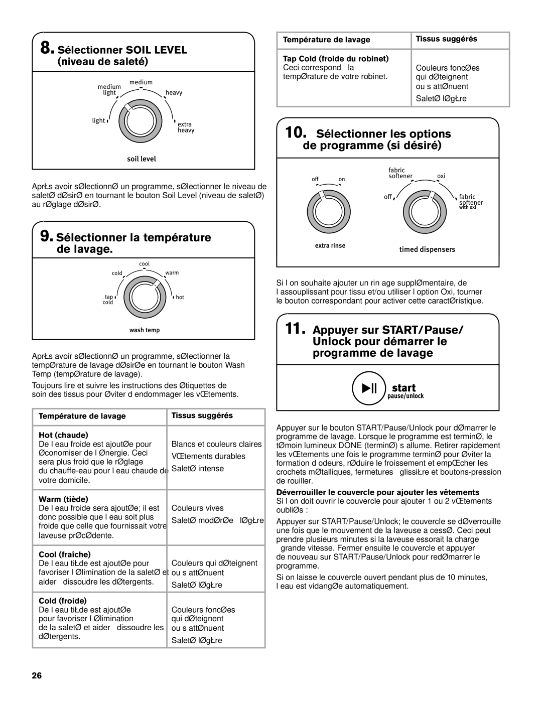 Maytag W10560158B - SP warranty 10. Sélectionner les options de programme si désiré, Sélectionner la température de lavage 