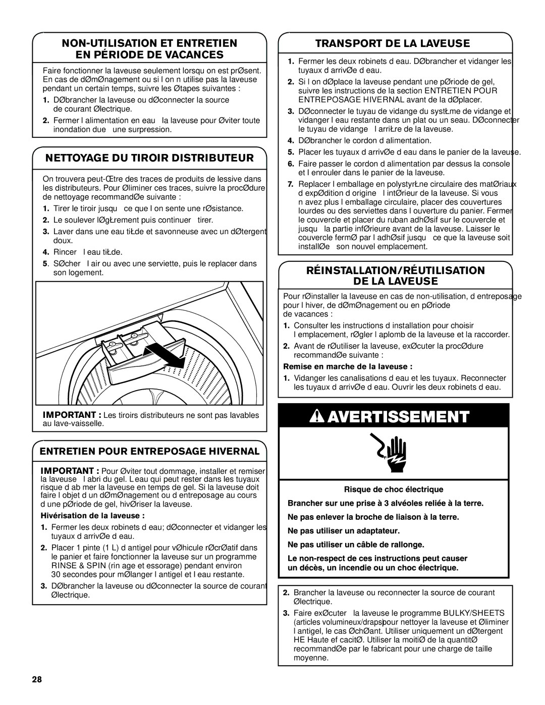 Maytag W10560158B - SP warranty Remise en marche de la laveuse, Hivérisation de la laveuse 