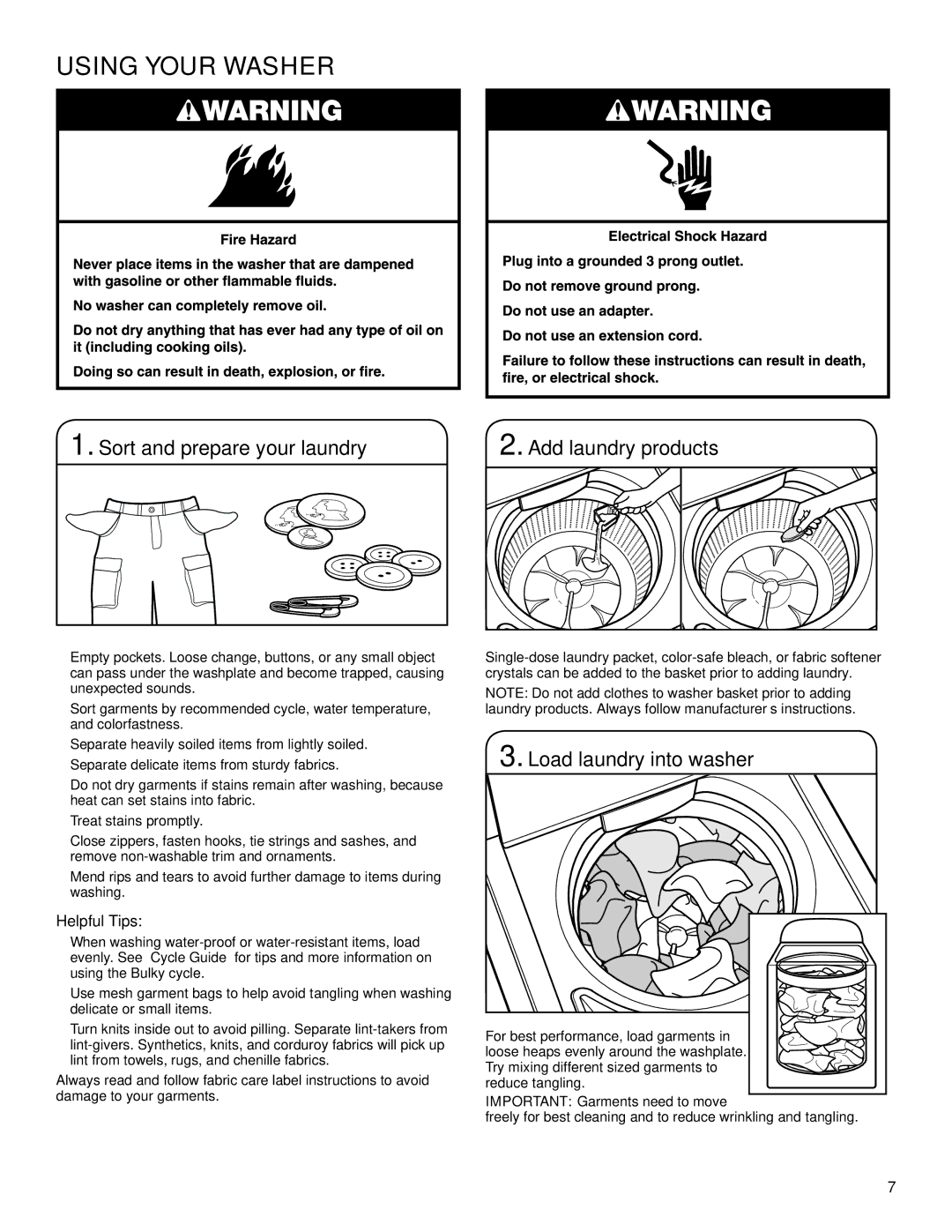 Maytag W10560158B - SP Using Your Washer, Sort and prepare your laundry Add laundry products, Load laundry into washer 