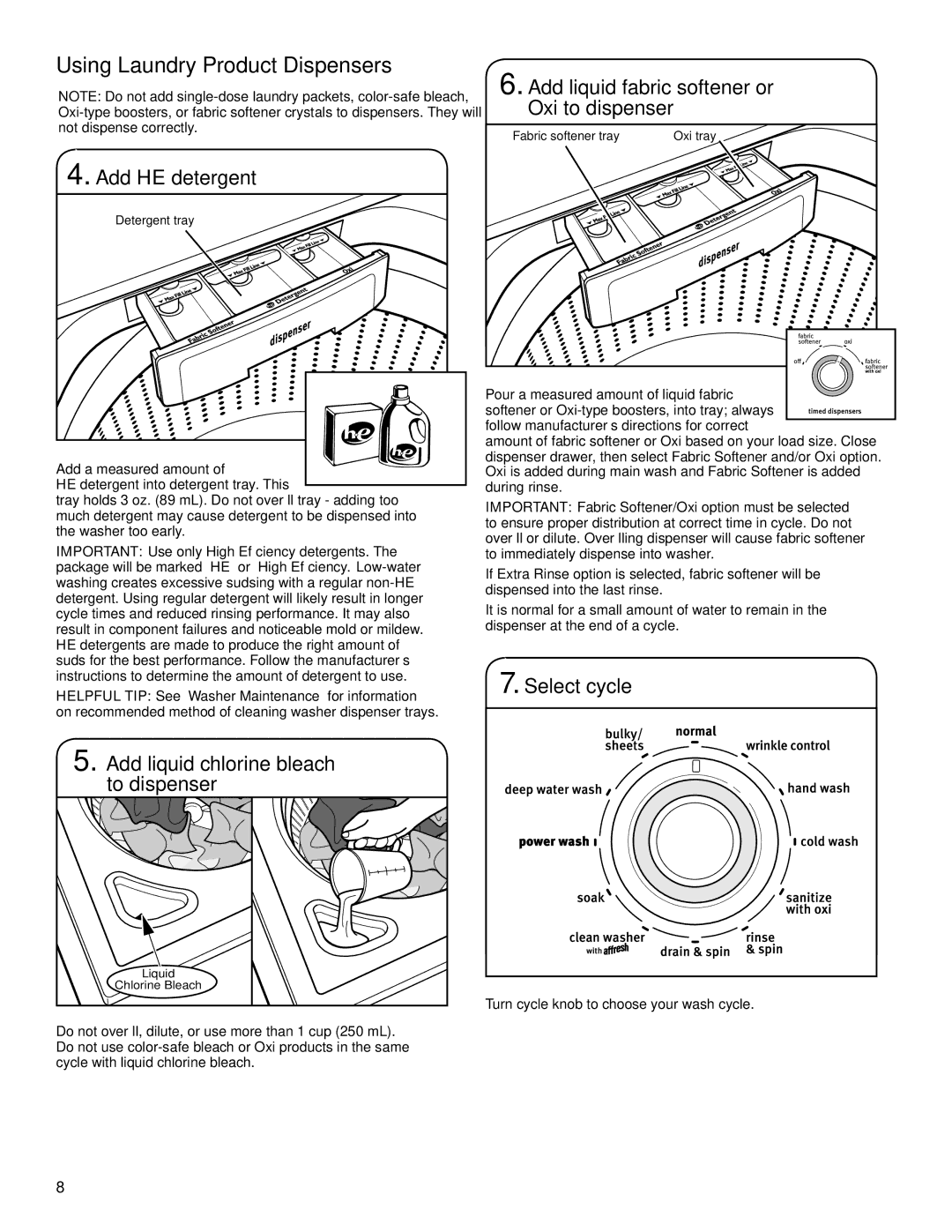 Maytag W10560158B - SP warranty Add HE detergent, Add liquid chlorine bleach to dispenser, Select cycle 