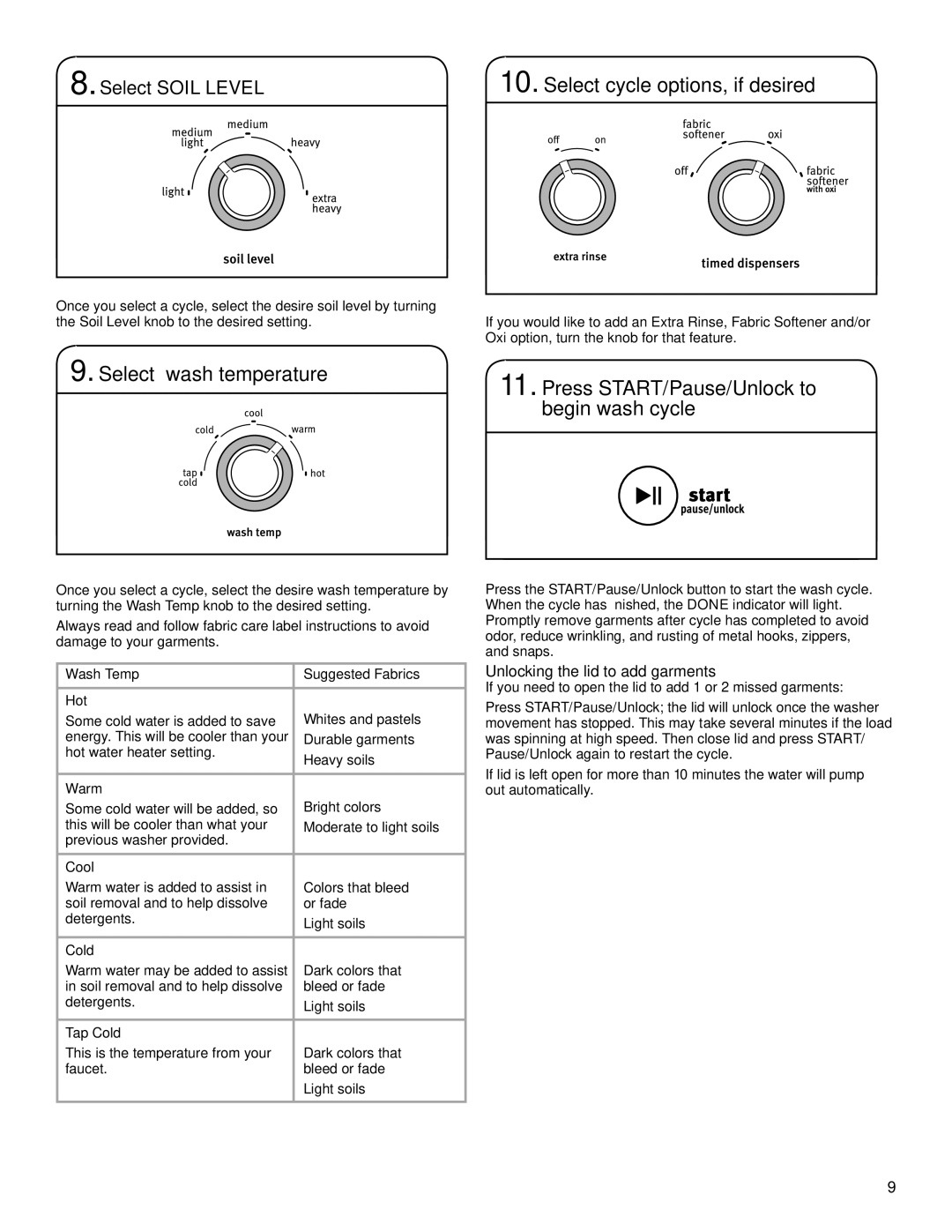 Maytag W10560158B - SP Select wash temperature, Select cycle options, if desired, Unlocking the lid to add garments 