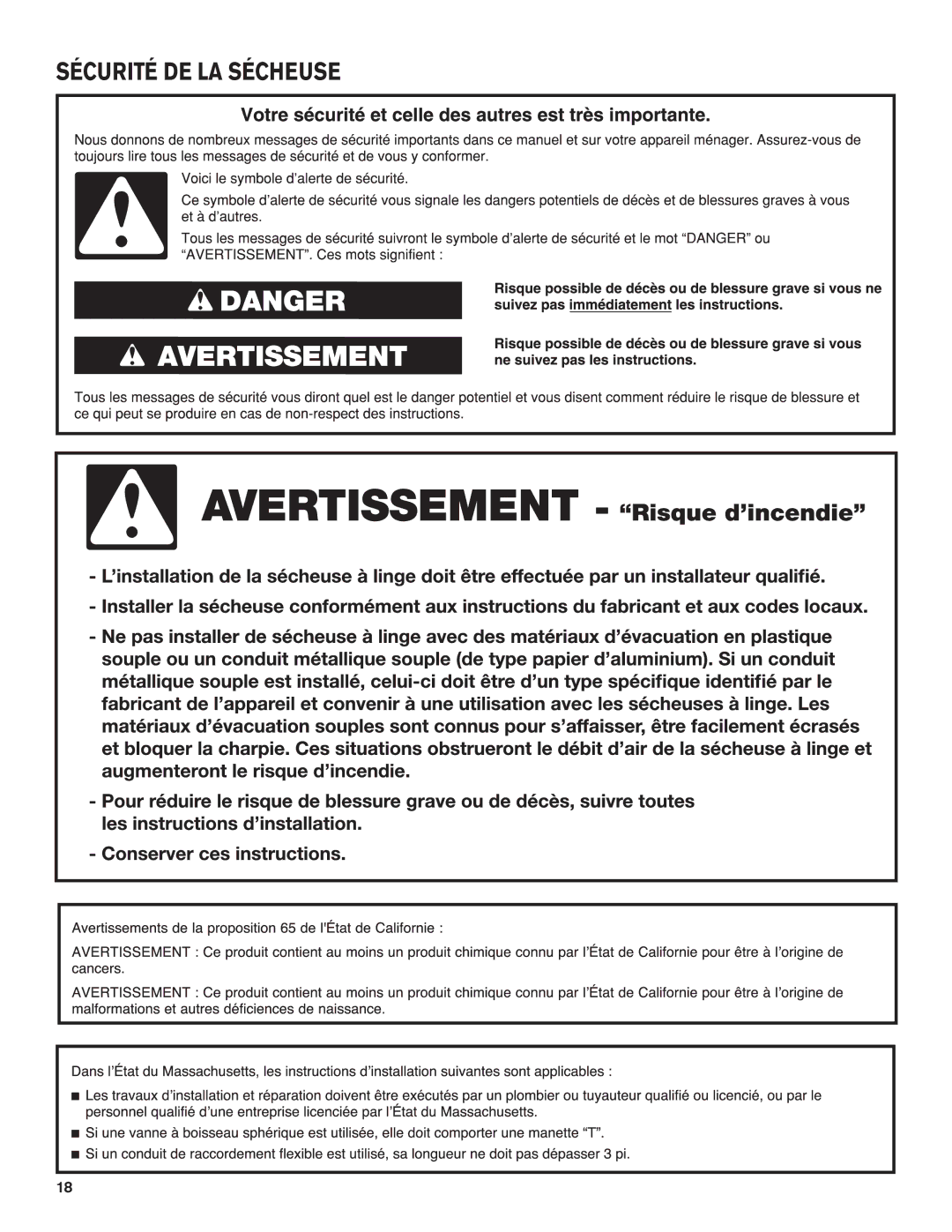 Maytag W105623338C-SP, W105623334C warranty Sécurité DE LA Sécheuse 