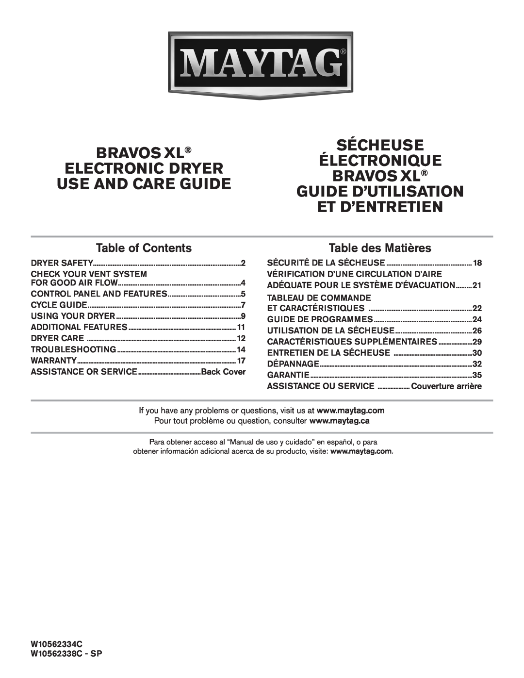 Maytag W105623334C warranty Bravos Xl, Sécheuse, Électronique, Electronic Dryer, Use And Care Guide, Guide D’Utilisation 