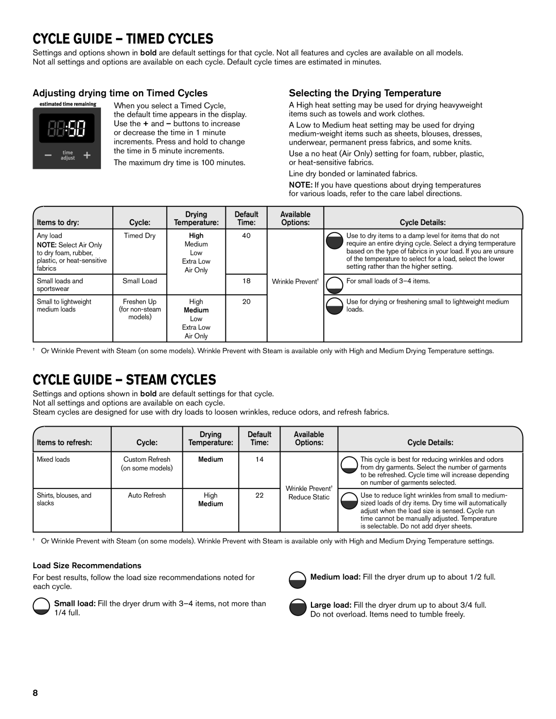 Maytag W105623338C-SP Cycle Guide - Timed Cycles, Cycle Guide - Steam Cycles, Adjusting drying time on Timed Cycles 