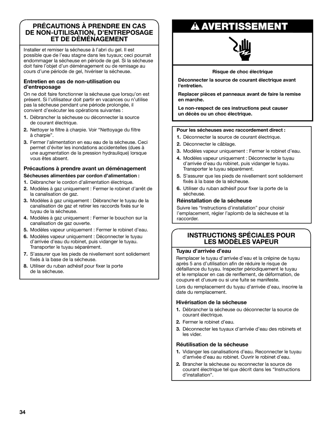 Maytag W10562338A - SP, W10562334A warranty Instructions Spéciales Pour LES Modèles Vapeur 